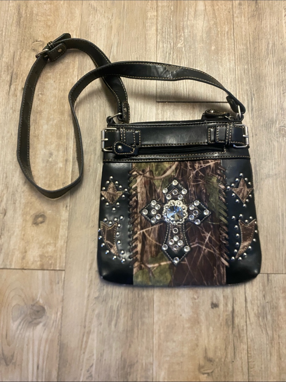 Studded Cross Accent Camouflage Crossbody Bag western